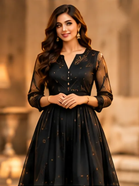 Black A-line dress with sheer sleeves