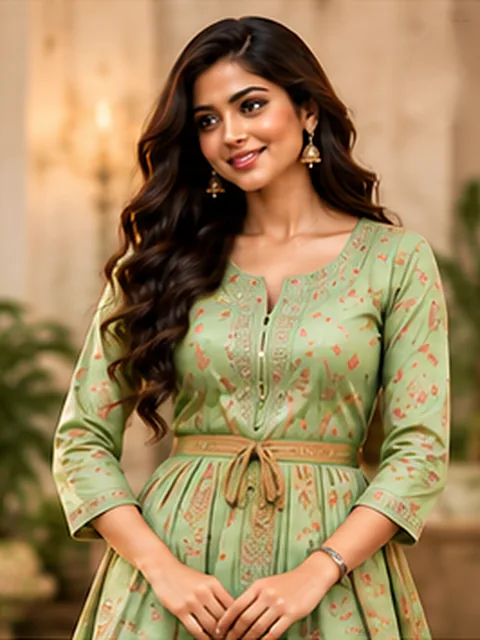 Pista green cotton kurti with belt