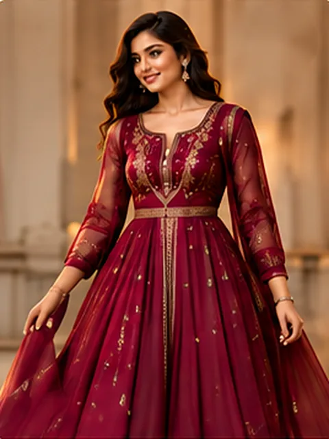 Maroon embroidered georgette gown for women