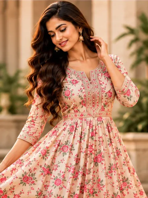 Cream floral print anarkali kurti for women