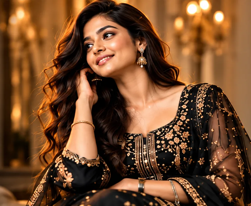 Woman in black embroidered anarkali from the new season collection