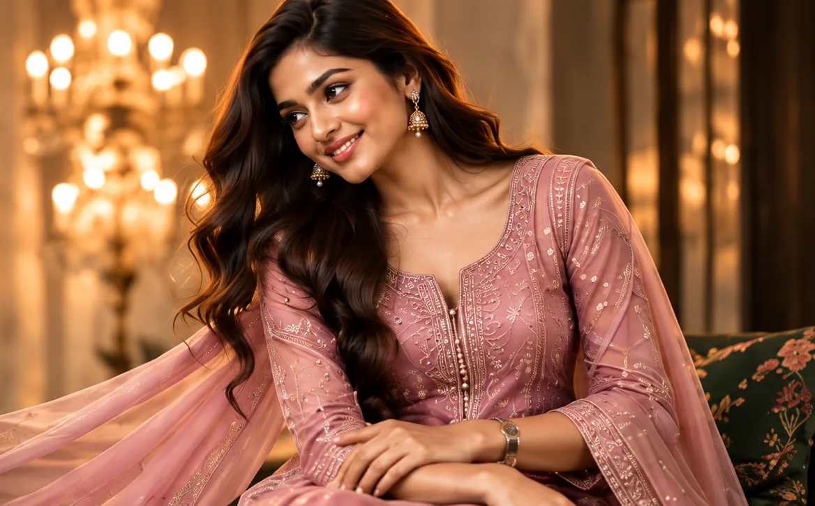 Woman in pink embroidered partywear suit