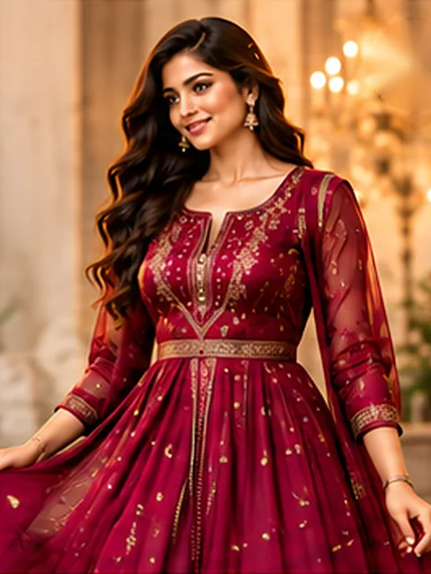 Maroon partywear gown with gold embroidery