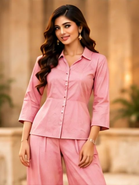 Pink cotton shirt and pant co-ord set