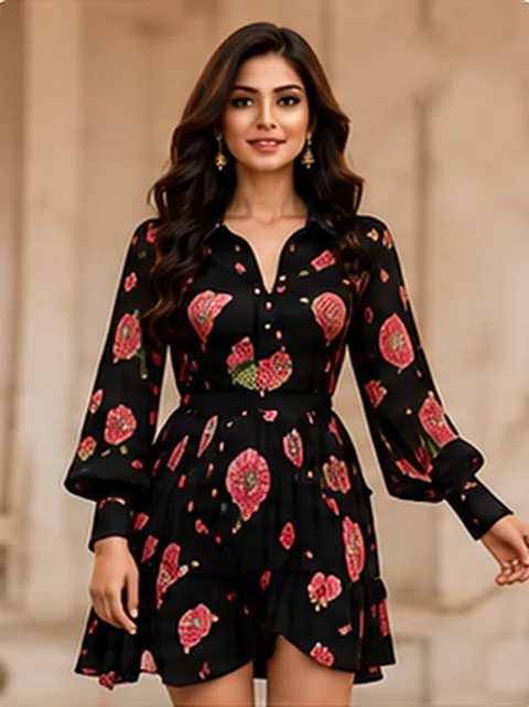 Black floral printed western dress