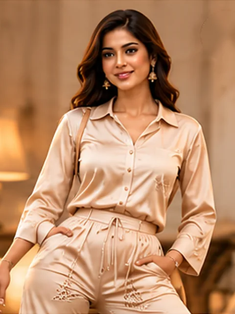 Beige satin co-ord set front view