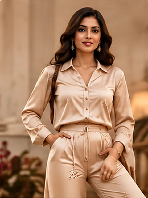 Beige satin shirt and trouser co-ord set