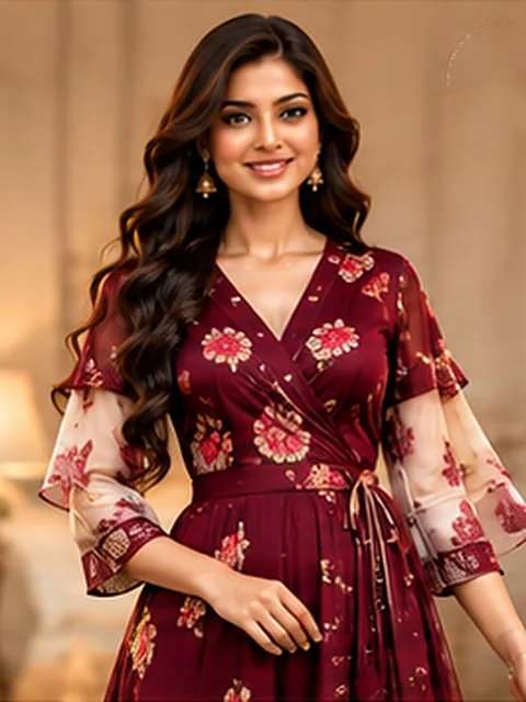 Maroon floral wrap western dress